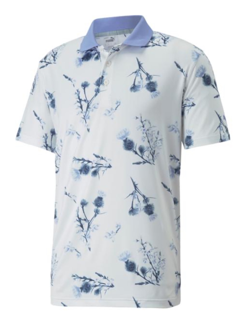 NWT PUMA Golf Men MATTR Lowlands Polo Shirt Thistle Floral White Lavender (XL)